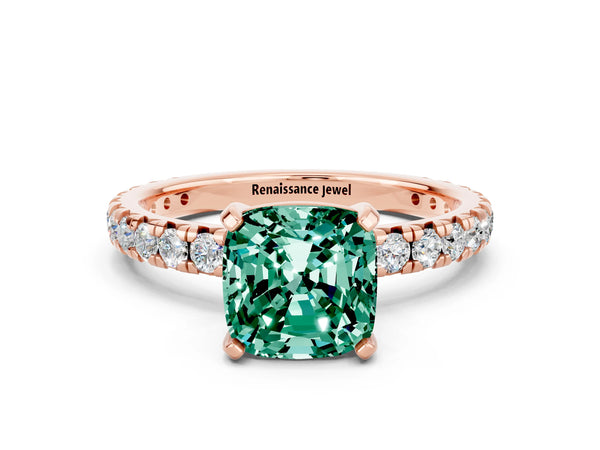 Rose gold Cushion Cut Green Sapphire Pavé Solitaire Ring with Round Band and Prong Setting