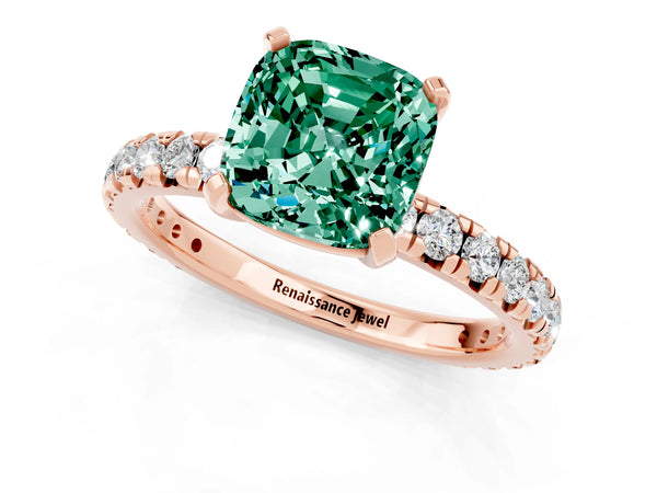 Rose gold Cushion Cut Green Sapphire Pavé Solitaire Ring with Round Band and Prong Setting