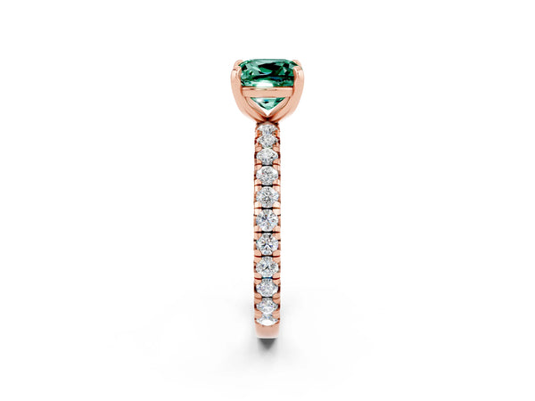 Rose gold Cushion Cut Green Sapphire Pavé Solitaire Ring with Round Band and Prong Setting