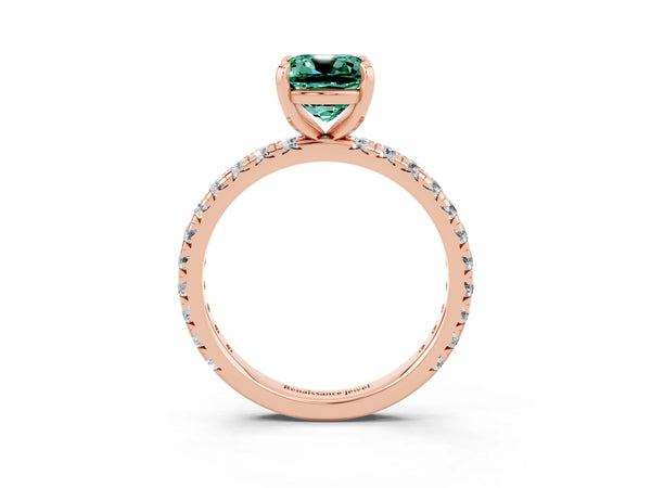 Rose gold Cushion Cut Green Sapphire Pavé Solitaire Ring with Round Band and Prong Setting