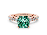 Rose gold Cushion Cut Green Sapphire Pavé Solitaire Ring with Round Band and Prong Setting_24