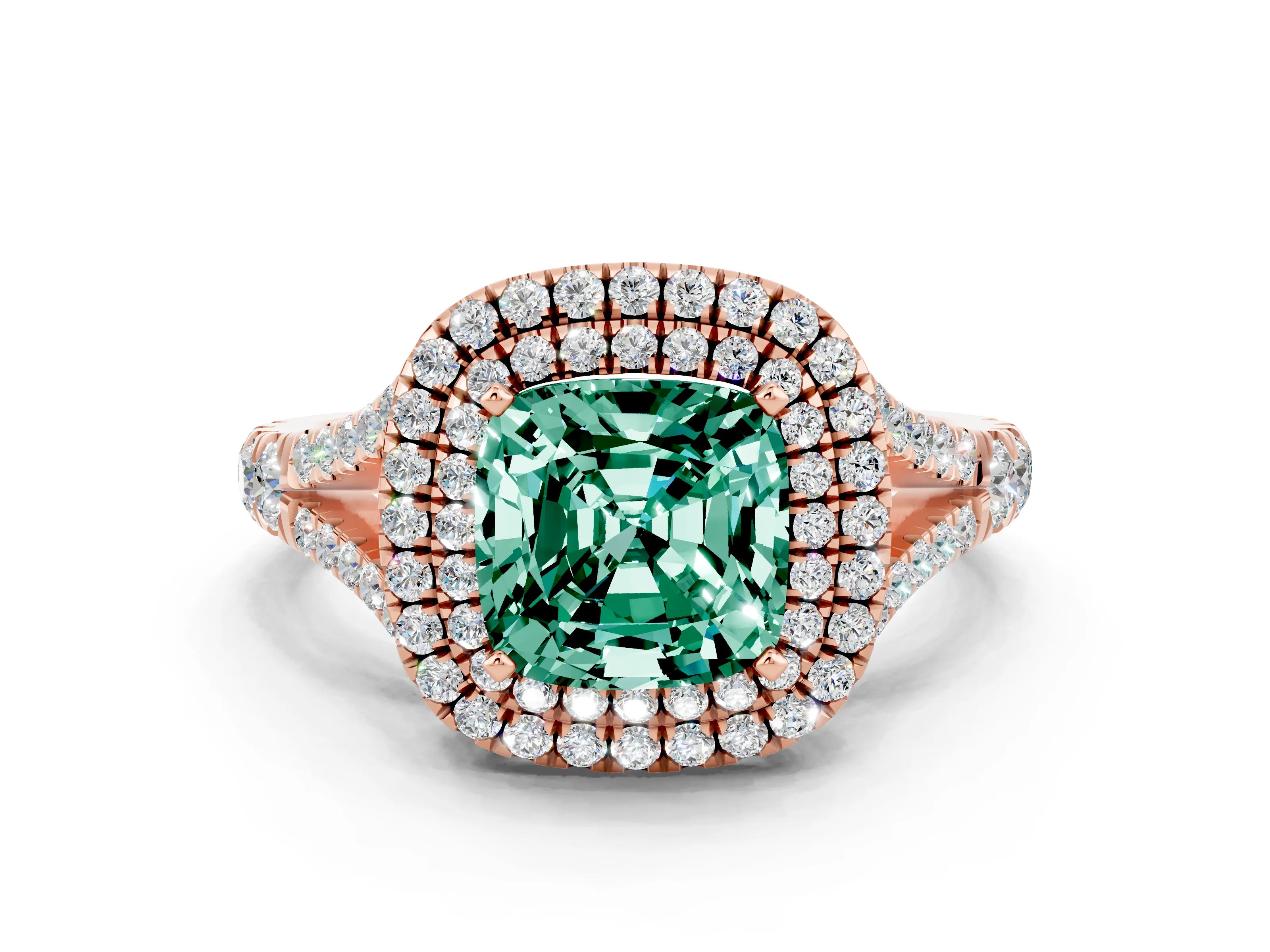 Rose gold Cushion Cut Green Sapphire Pavé Split Shank Double Halo Engagement Ring
