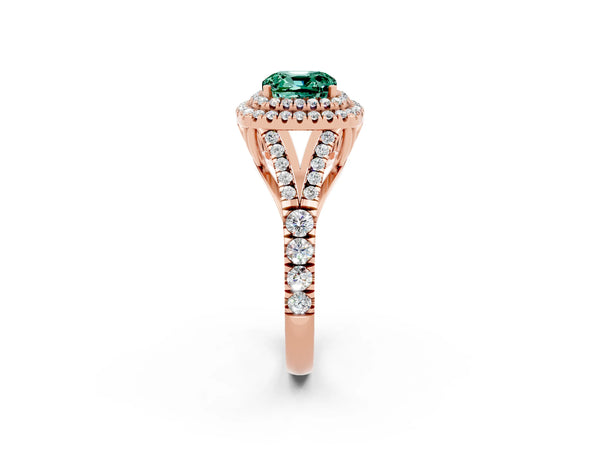 Rose gold Cushion Cut Green Sapphire Pavé Split Shank Double Halo Engagement Ring