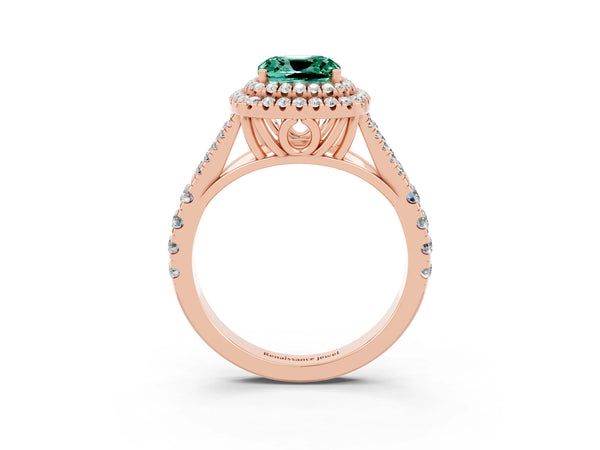 Rose gold Cushion Cut Green Sapphire Pavé Split Shank Double Halo Engagement Ring