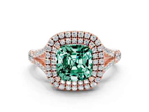 Rose gold Cushion Cut Green Sapphire Pavé Split Shank Double Halo Engagement Ring