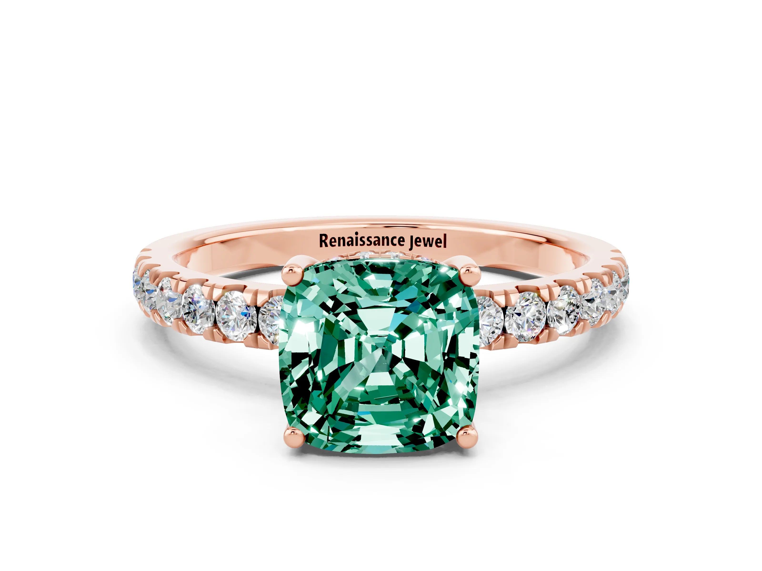 Rose gold Cushion Cut Green Sapphire Pave Band Solitaire Ring with Four-Prong Setting_12