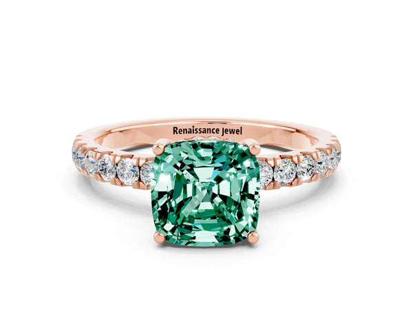 Rose gold Cushion Cut Green Sapphire Pave Band Solitaire Ring with Round  and Prong Setting