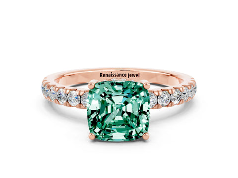 Rose gold Cushion Cut Green Sapphire Pave Band Solitaire Ring with Four-Prong Setting_12