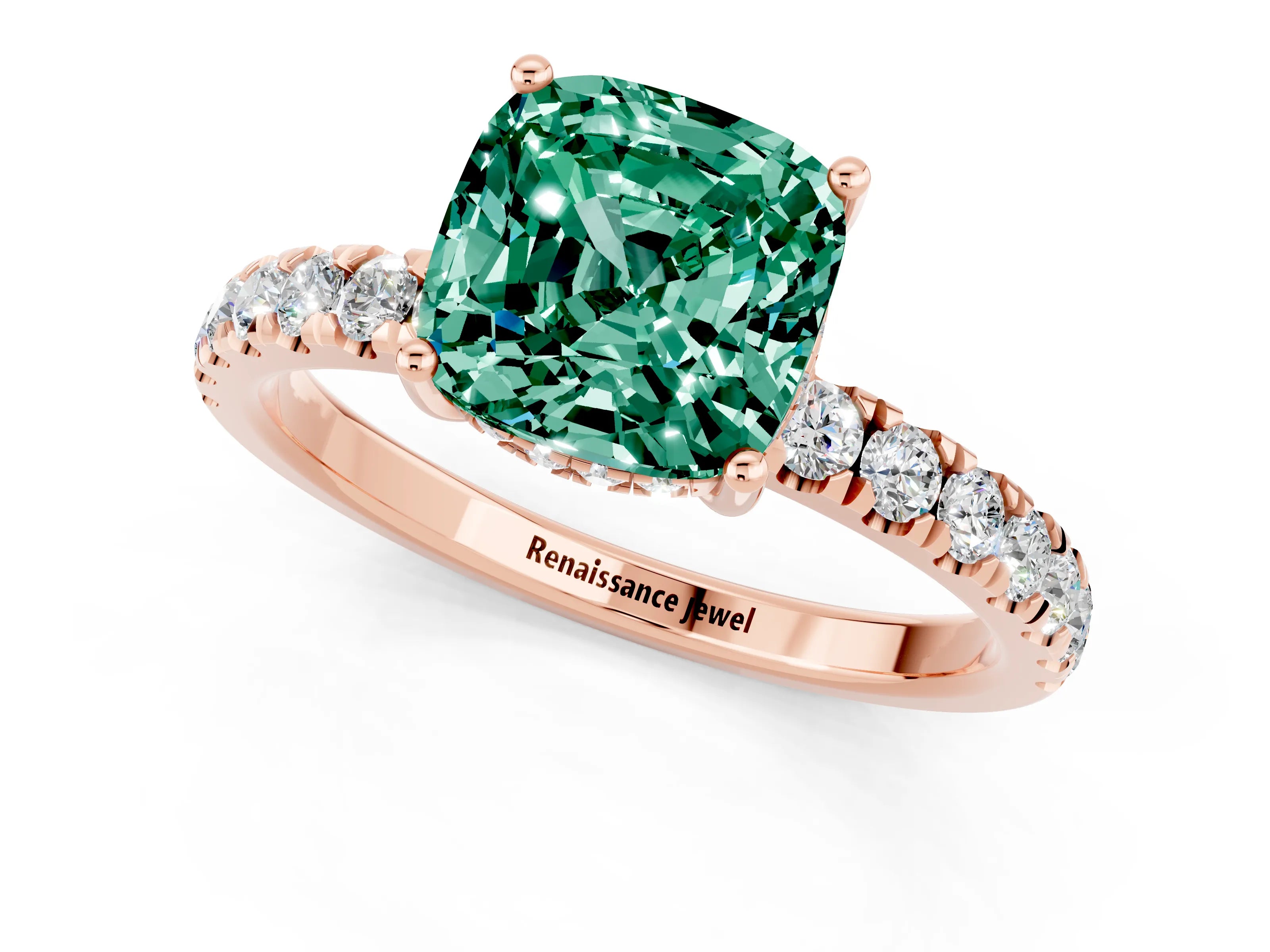 Rose gold Cushion Cut Green Sapphire Pave Band Solitaire Ring with Four-Prong Setting_13