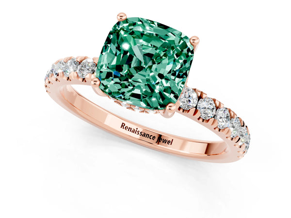 Rose gold Cushion Cut Green Sapphire Pave Band Solitaire Ring with Round  and Prong Setting