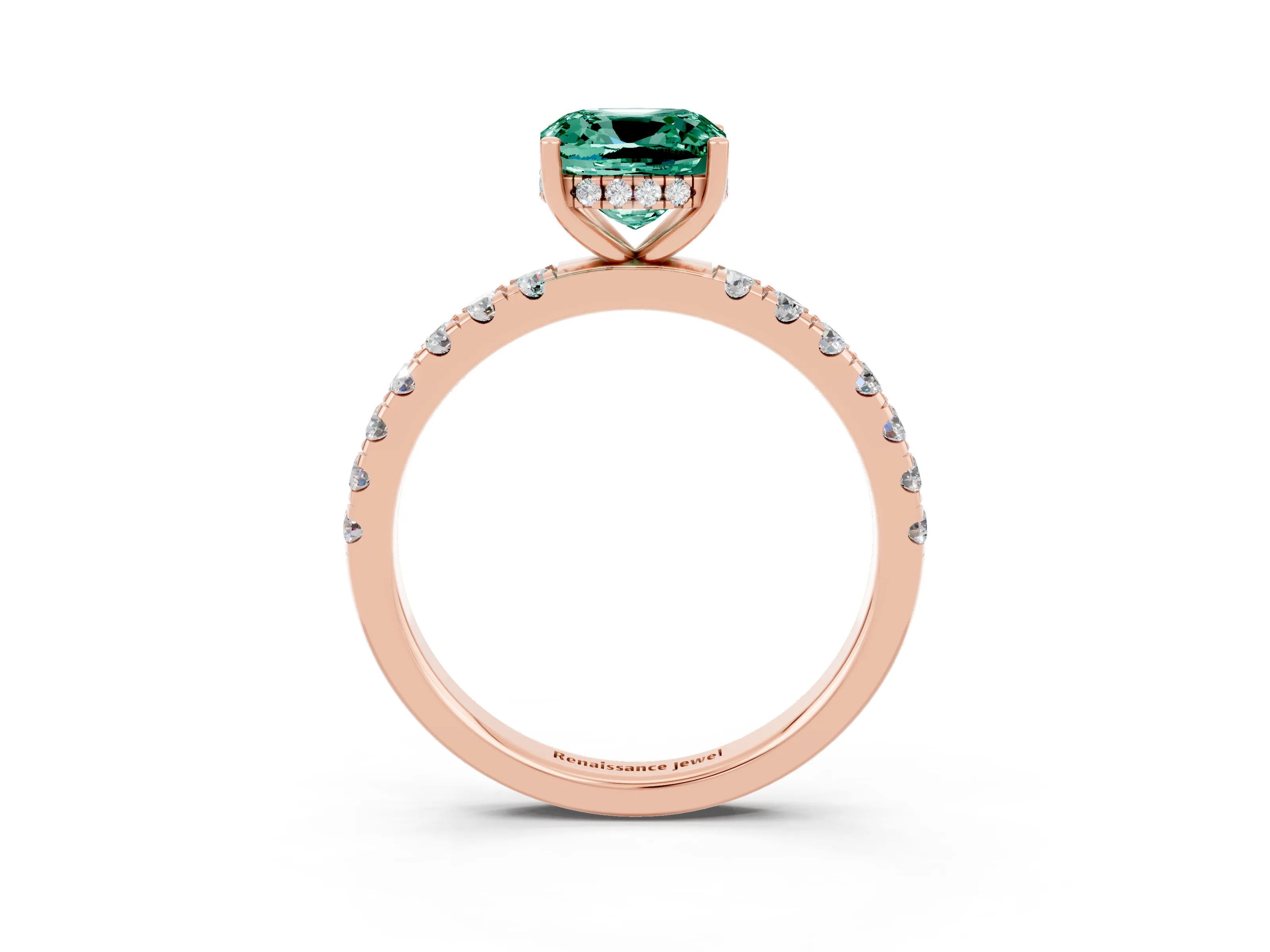 Rose gold Cushion Cut Green Sapphire Pave Band Solitaire Ring with Four-Prong Setting_15