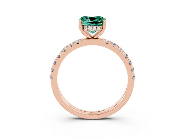 Rose gold Cushion Cut Green Sapphire Pave Band Solitaire Ring with Round  and Prong Setting