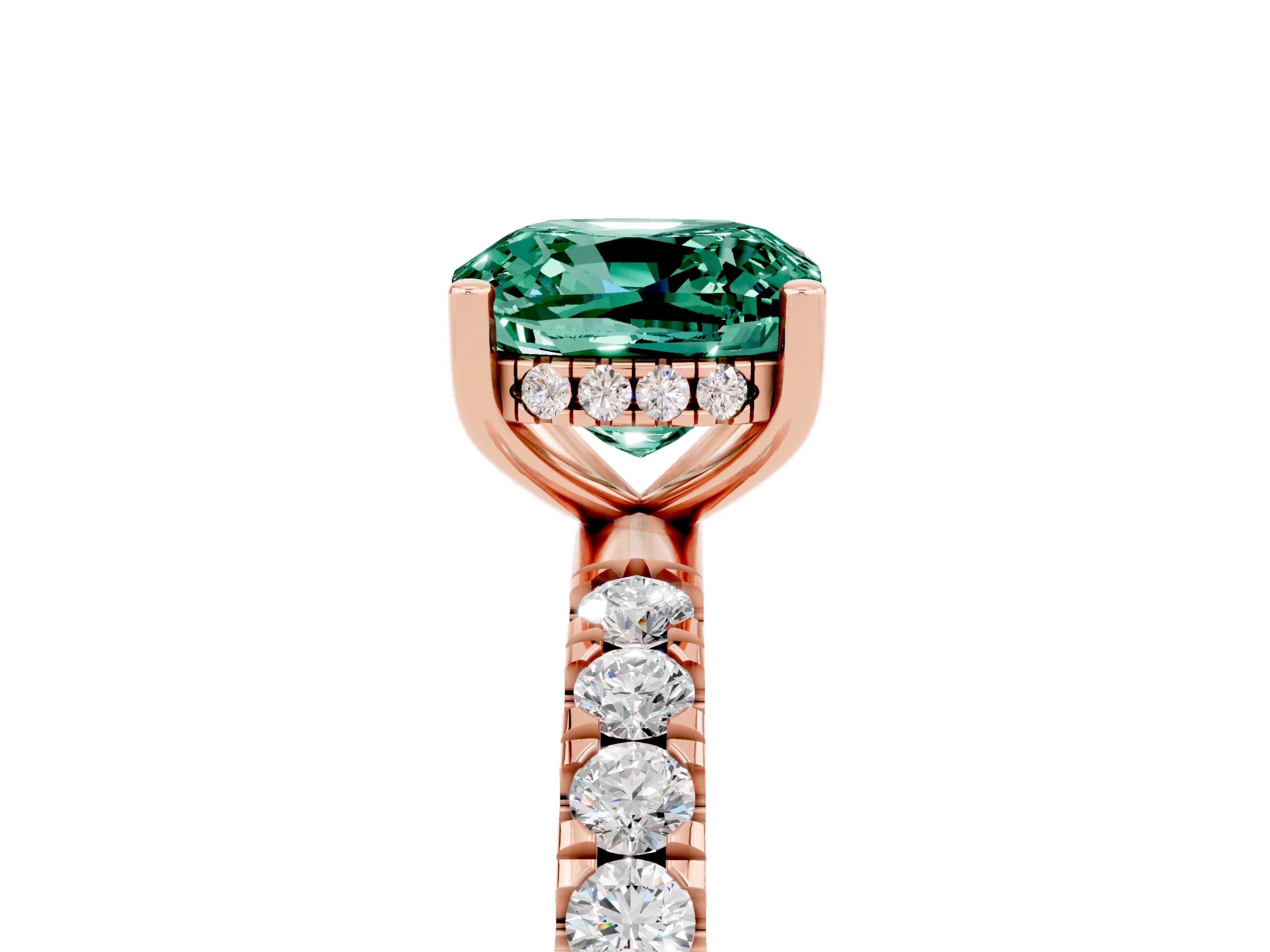 Rose gold Cushion Cut Green Sapphire Pave Band Solitaire Ring with Four-Prong Setting_17