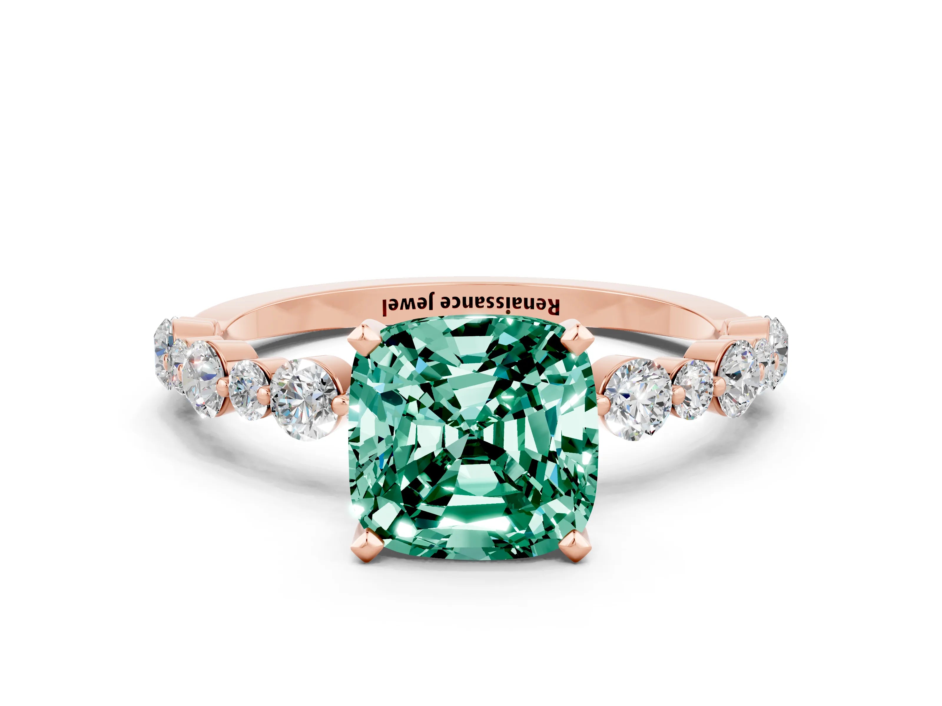 Rose gold Cushion Cut Green Sapphire Prong Set Engagement Ring with Pavé Band