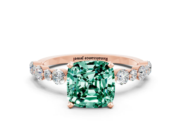 Rose gold Cushion Cut Green Sapphire Prong Set Engagement Ring with Pavé Band
