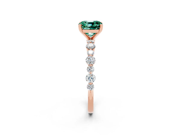Rose gold Cushion Cut Green Sapphire Prong Set Engagement Ring with Pavé Band