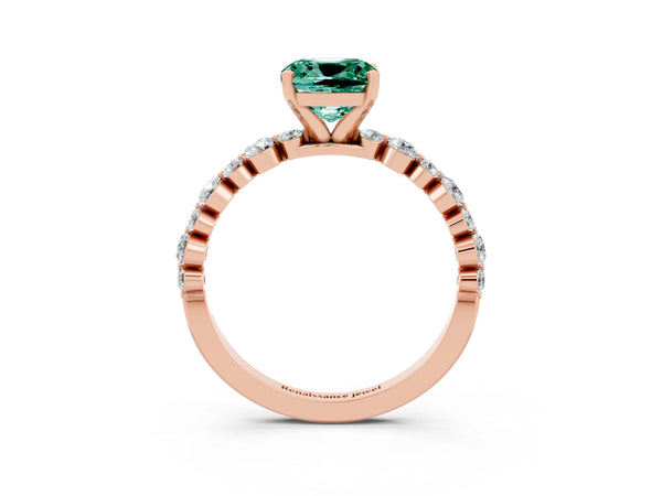Rose gold Cushion Cut Green Sapphire Prong Set Engagement Ring with Pavé Band