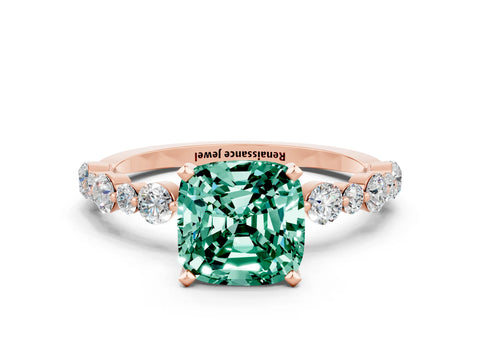 Rose gold Cushion Cut Green Sapphire Prong Set Engagement Ring with Pavé Band