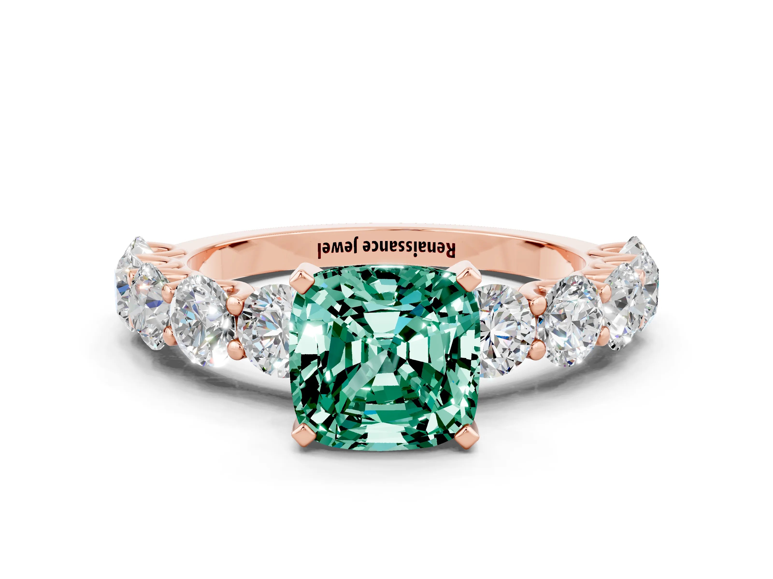 Rose gold Cushion Cut Green Sapphire Prong Setting with Side Stones on a Pave Band