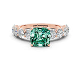 Rose gold Cushion Cut Green Sapphire Prong Setting with Side Stones on a Pave Band