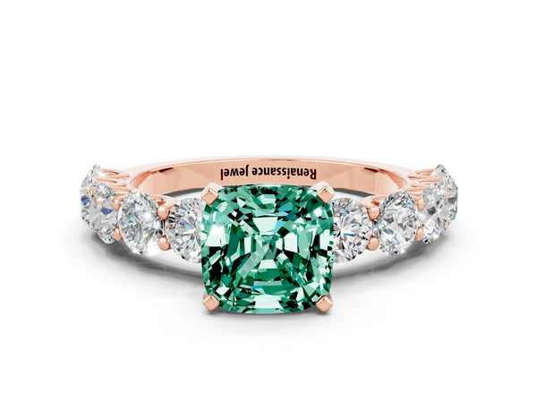 Rose gold Cushion Cut Green Sapphire Prong Setting with Side Stones on a Pave Band