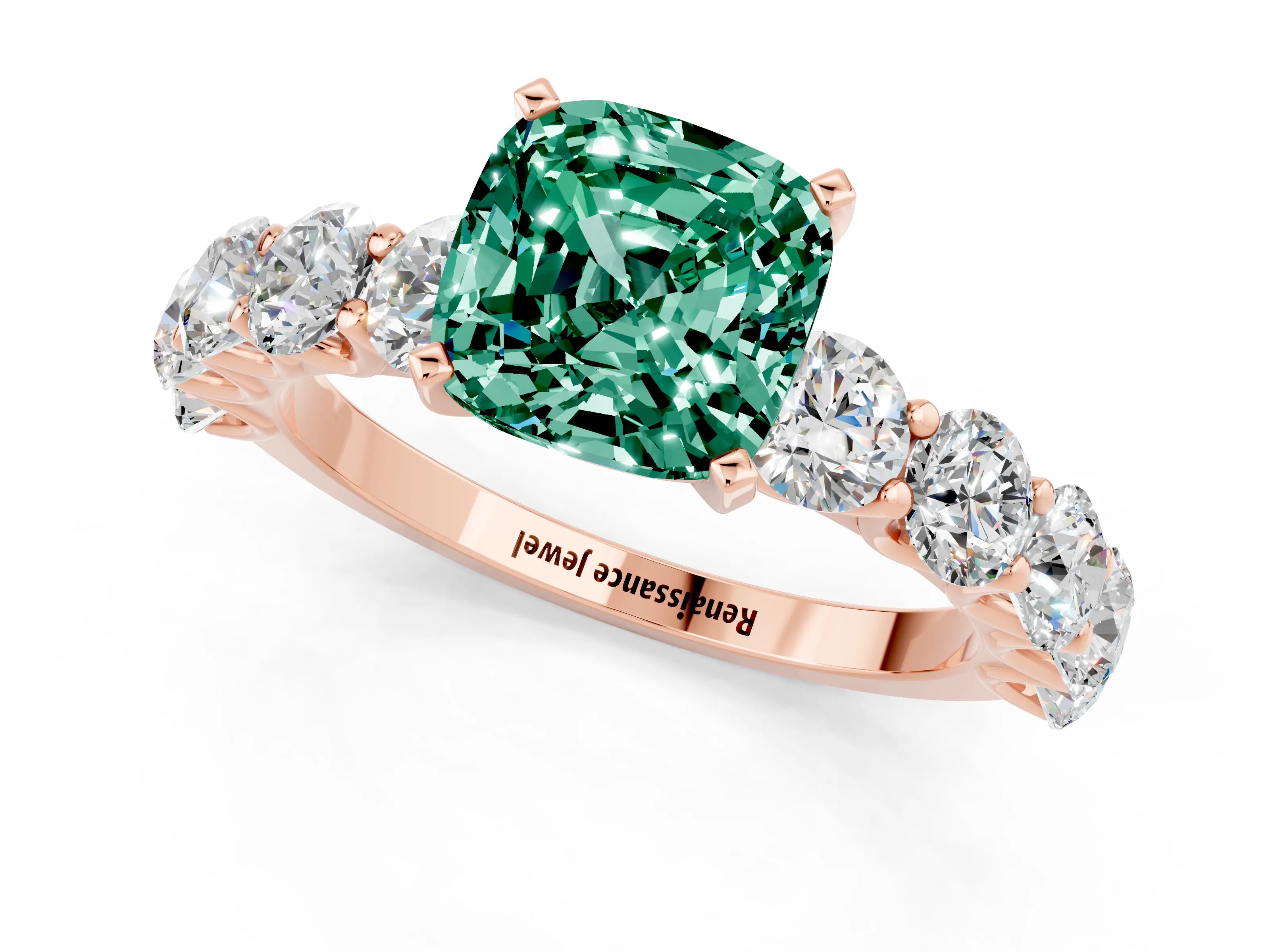 Rose gold Cushion Cut Green Sapphire Prong Setting with Side Stones on a Pave Band_1