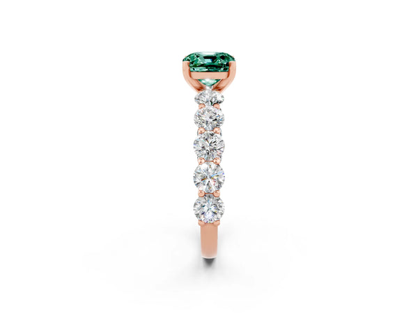 Rose gold Cushion Cut Green Sapphire Prong Setting with Side Stones on a Pave Band