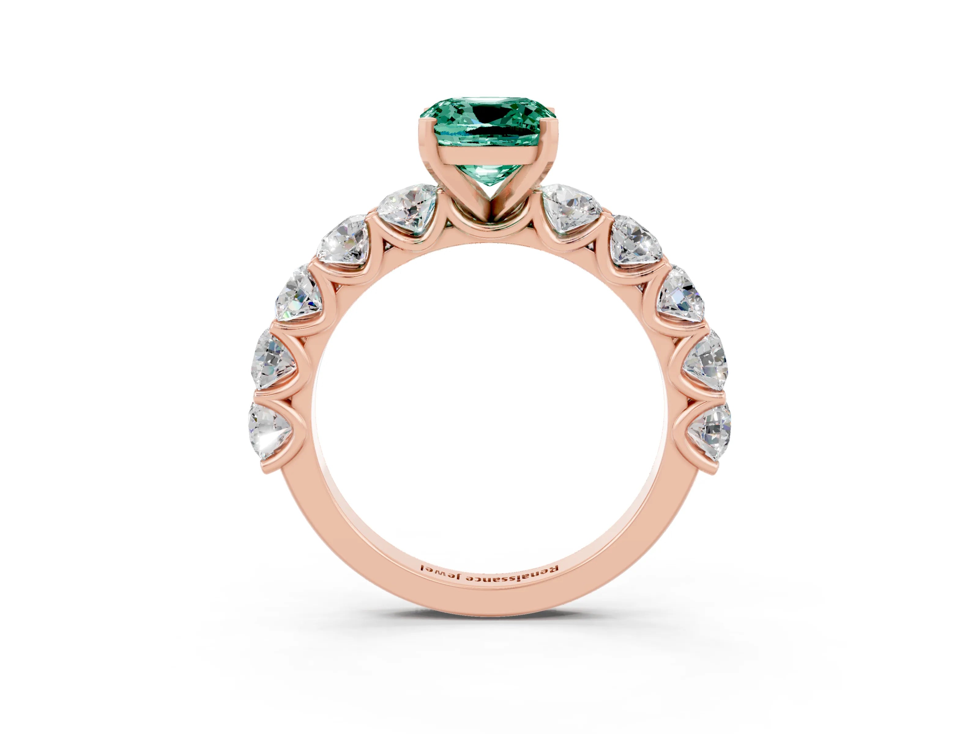 Rose gold Cushion Cut Green Sapphire Prong Setting with Side Stones on a Pave Band_3