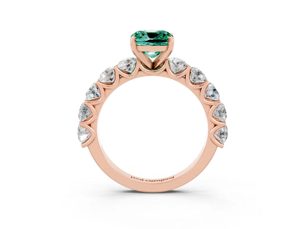Rose gold Cushion Cut Green Sapphire Prong Setting with Side Stones on a Pave Band