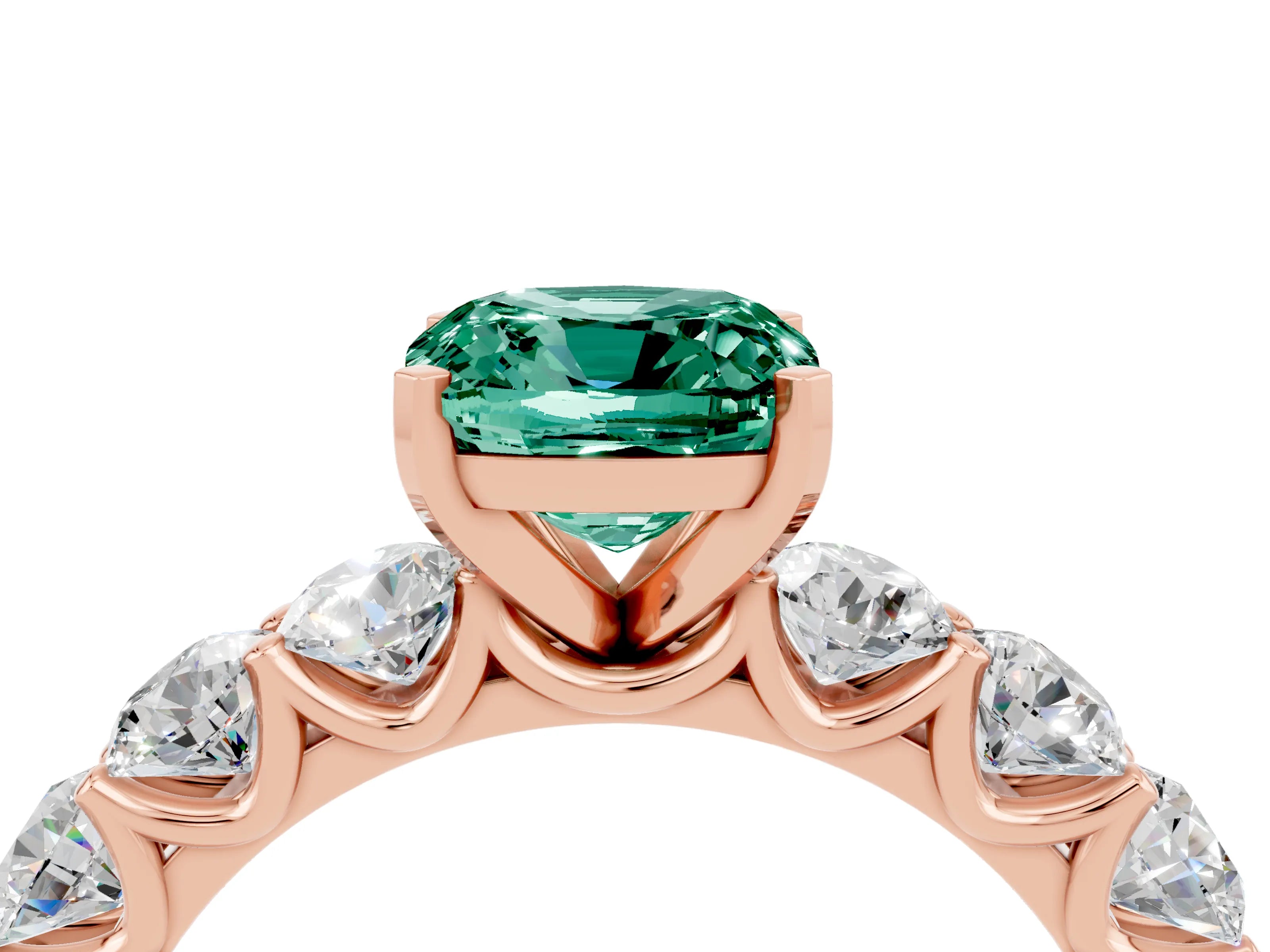 Rose gold Cushion Cut Green Sapphire Prong Setting with Side Stones on a Pave Band_4