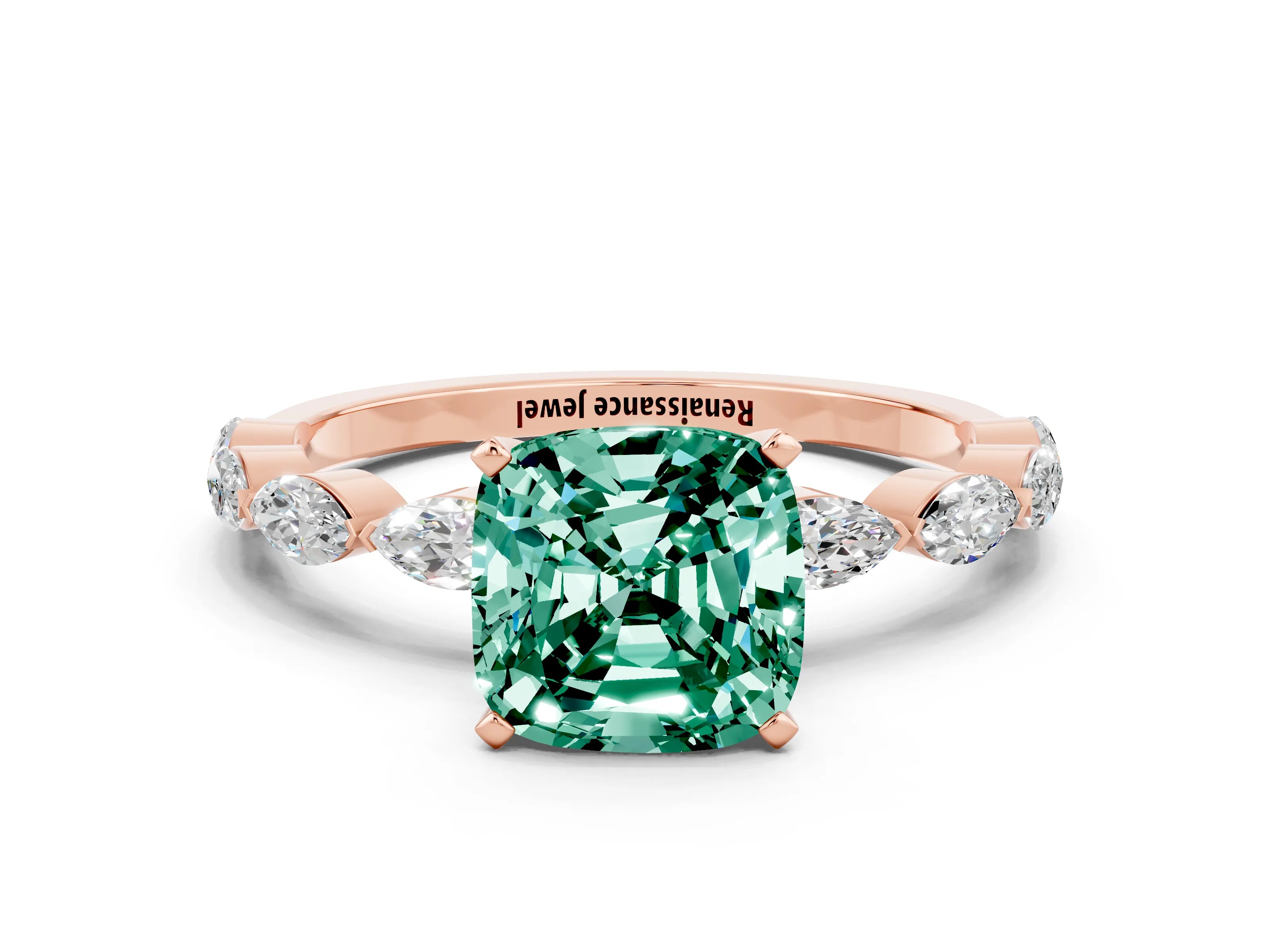 Rose gold Cushion Cut Green Sapphire Ring with Marquise Side Stones and Prong Setting