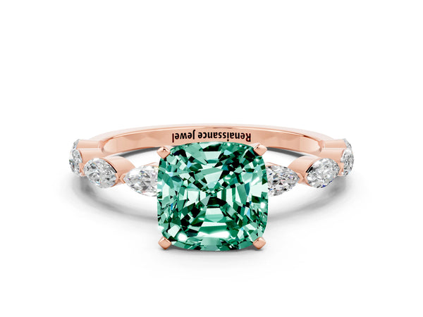 Rose gold Cushion Cut Green Sapphire Ring with Marquise Side Stones and Prong Setting