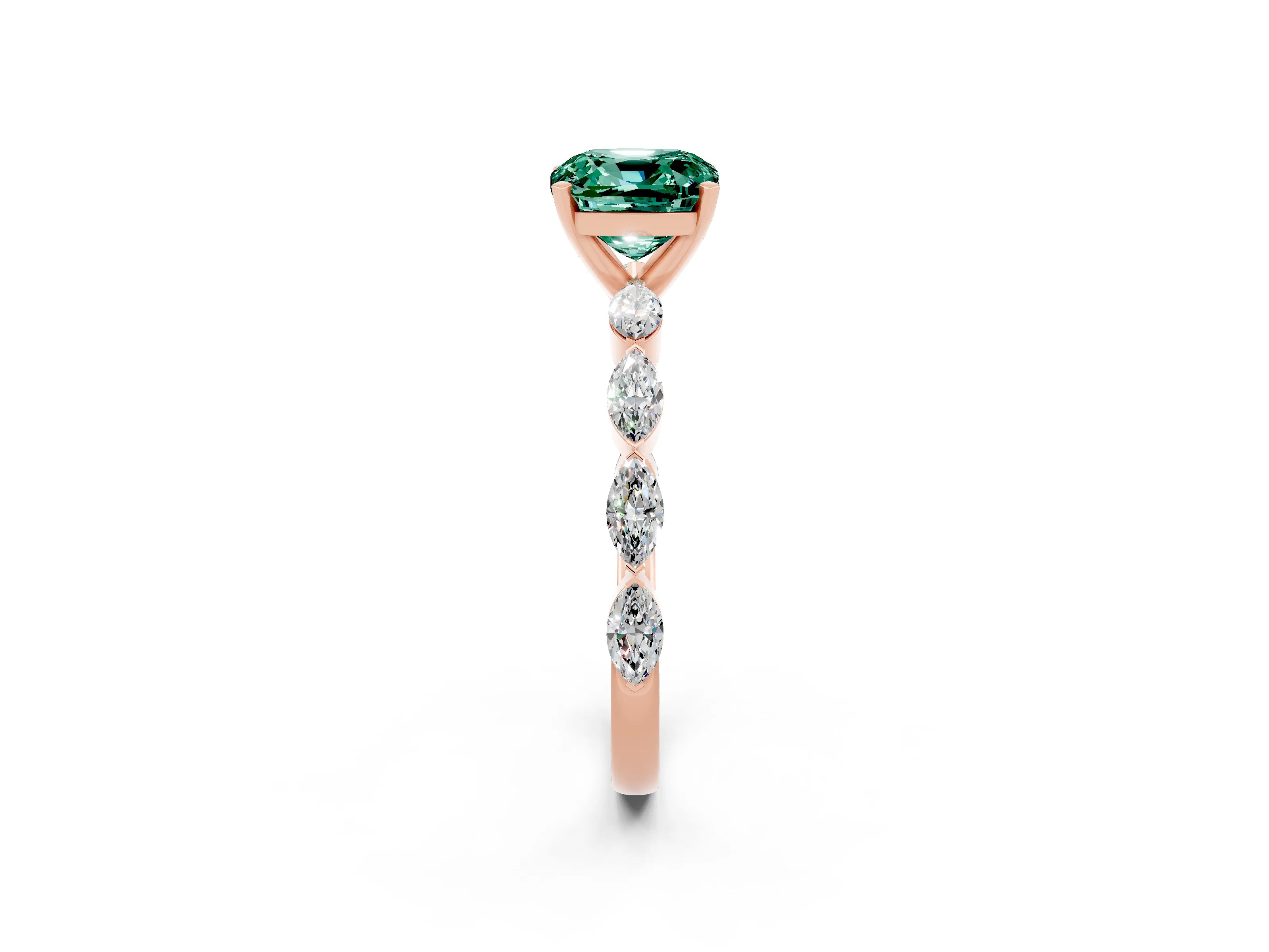 Rose gold Cushion Cut Green Sapphire Ring with Marquise Side Stones and Prong Setting_2