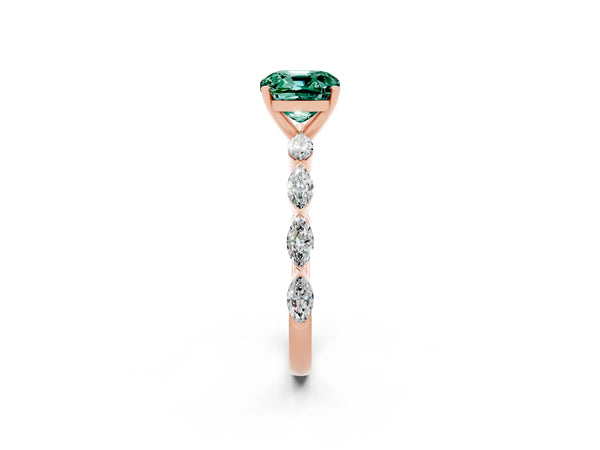 Rose gold Cushion Cut Green Sapphire Ring with Marquise Side Stones and Prong Setting
