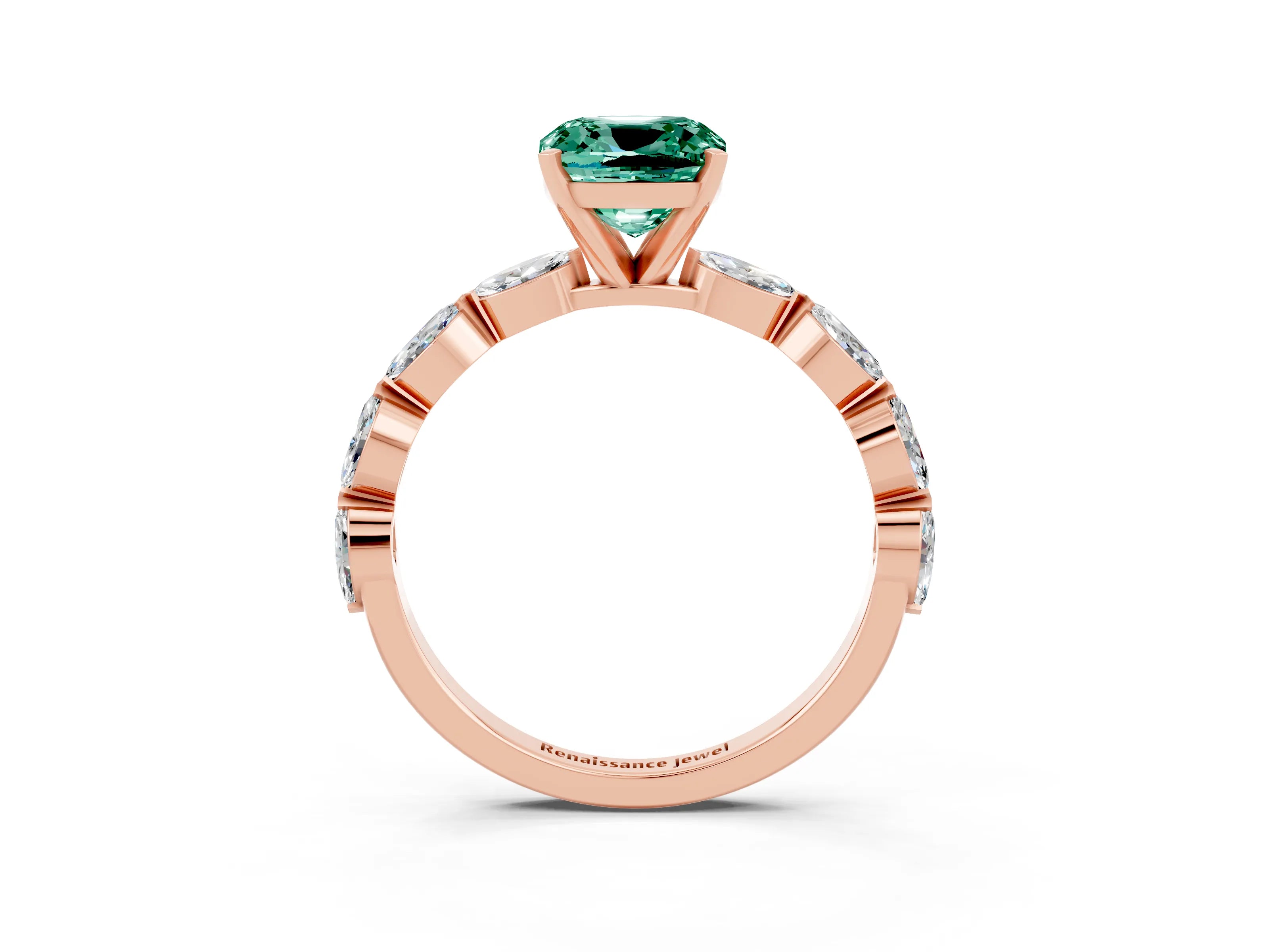Rose gold Cushion Cut Green Sapphire Ring with Marquise Side Stones and Prong Setting_3