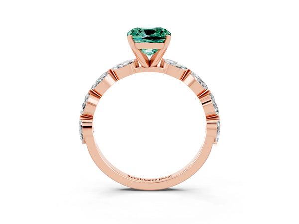 Rose gold Cushion Cut Green Sapphire Ring with Marquise Side Stones and Prong Setting