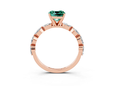 Rose gold Cushion Cut Green Sapphire Ring with Marquise Side Stones and Prong Setting_3
