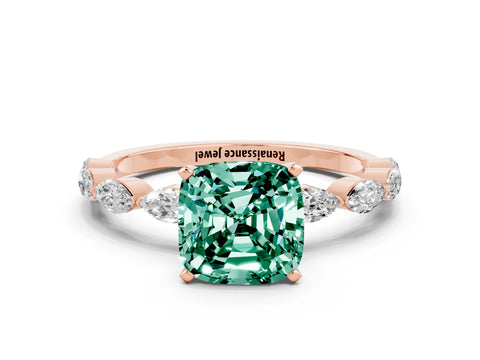 Rose gold Cushion Cut Green Sapphire Ring with Marquise Side Stones and Prong Setting