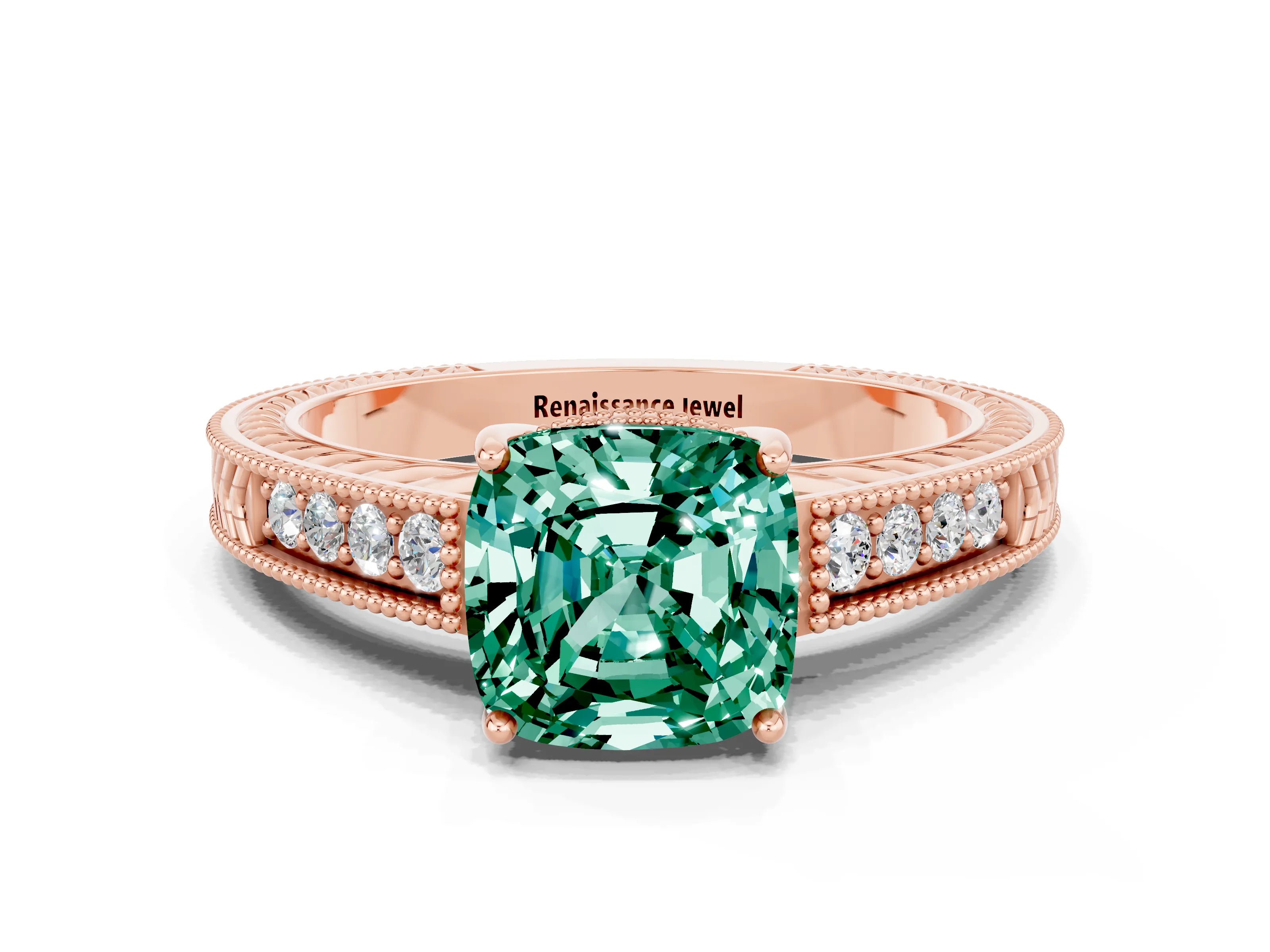 Rose gold Cushion Cut Green Sapphire Ring with Milgrain Pavé Band and Four-Prong Setting_12