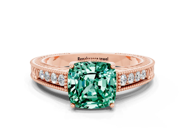 Rose gold Cushion Cut Green Sapphire Ring with Milgrain Pavé Band and Four-Prong Setting