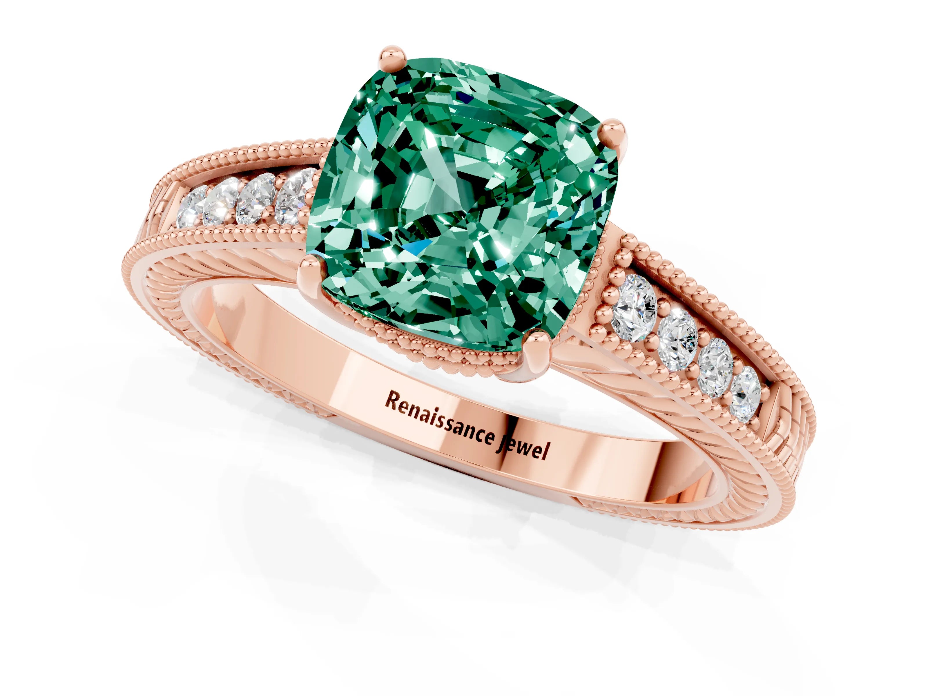 Rose gold Cushion Cut Green Sapphire Ring with Milgrain Pavé Band and Four-Prong Setting_13