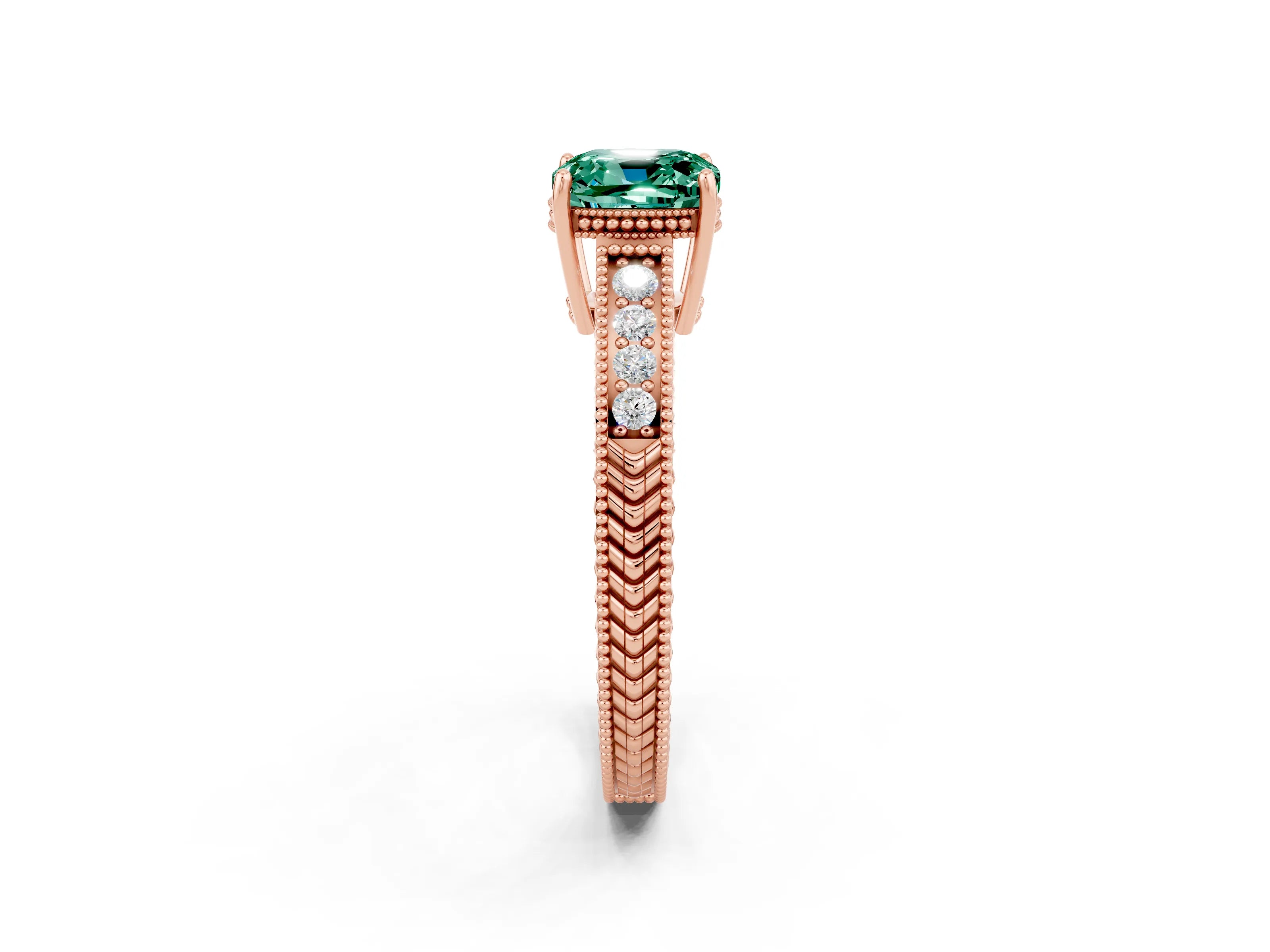 Rose gold Cushion Cut Green Sapphire Ring with Milgrain Pavé Band and Four-Prong Setting_14