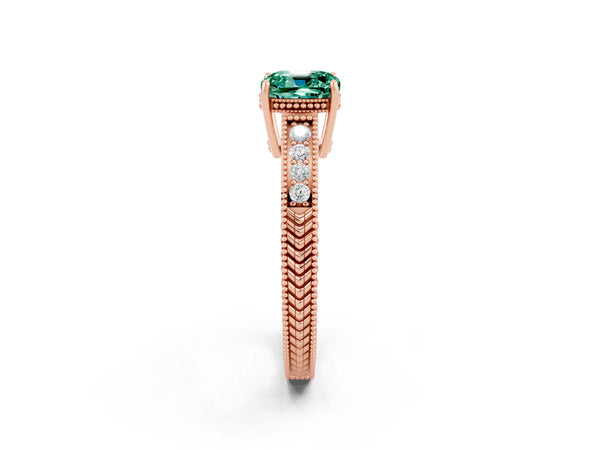 Rose gold Cushion Cut Green Sapphire Ring with Milgrain Pavé Band and Four-Prong Setting