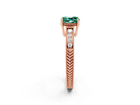 Rose gold Cushion Cut Green Sapphire Ring with Milgrain Pavé Band and Four-Prong Setting_14