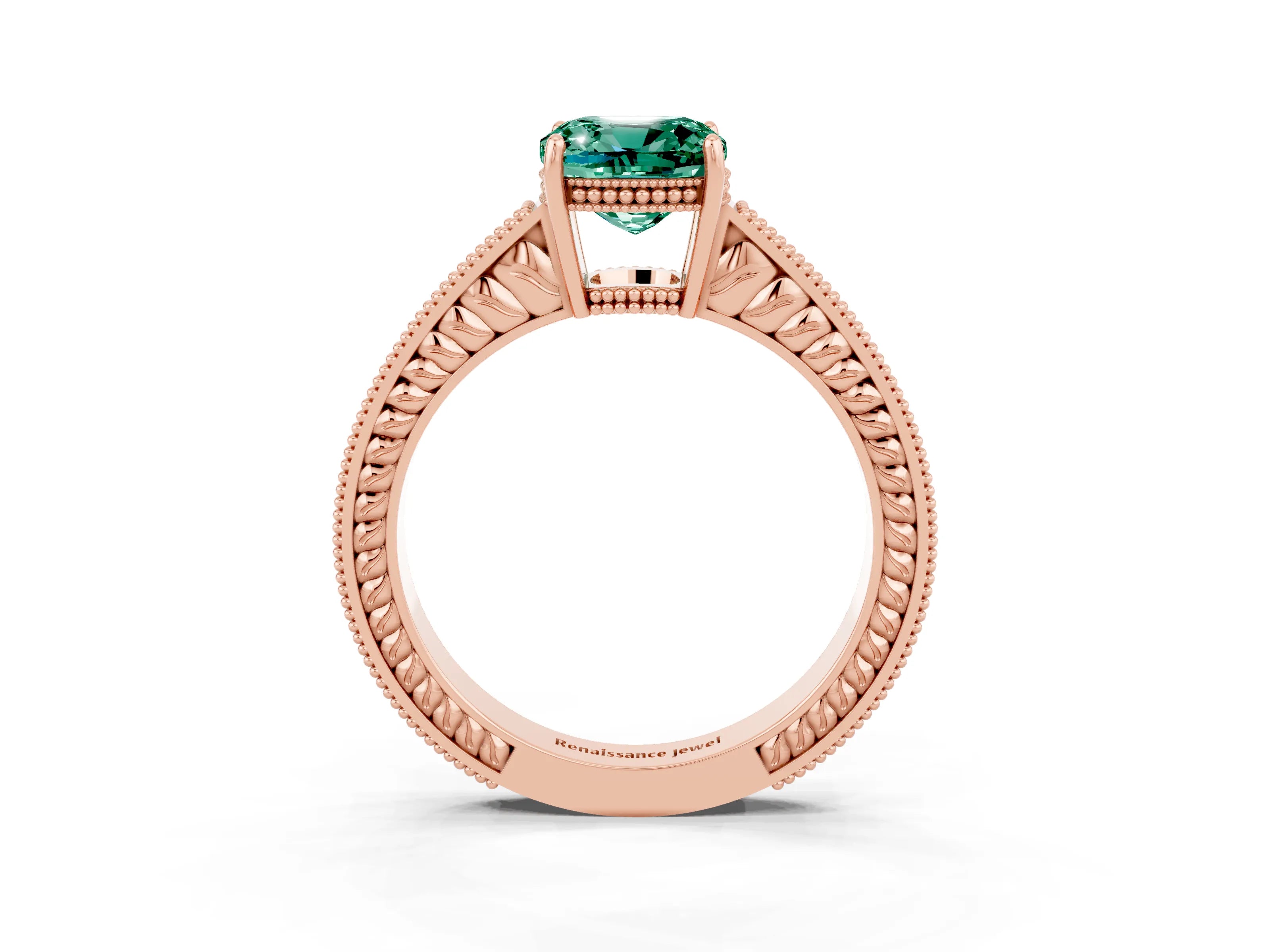 Rose gold Cushion Cut Green Sapphire Ring with Milgrain Pavé Band and Four-Prong Setting_15