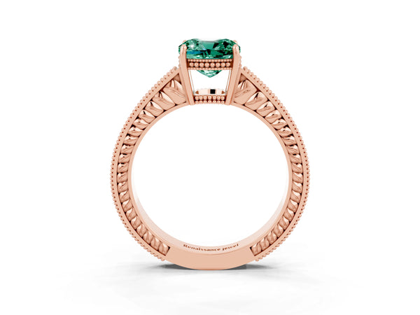 Rose gold Cushion Cut Green Sapphire Ring with Milgrain Pavé Band and Four-Prong Setting