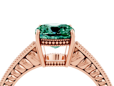 Rose gold Cushion Cut Green Sapphire Ring with Milgrain Pavé Band and Four-Prong Setting_16