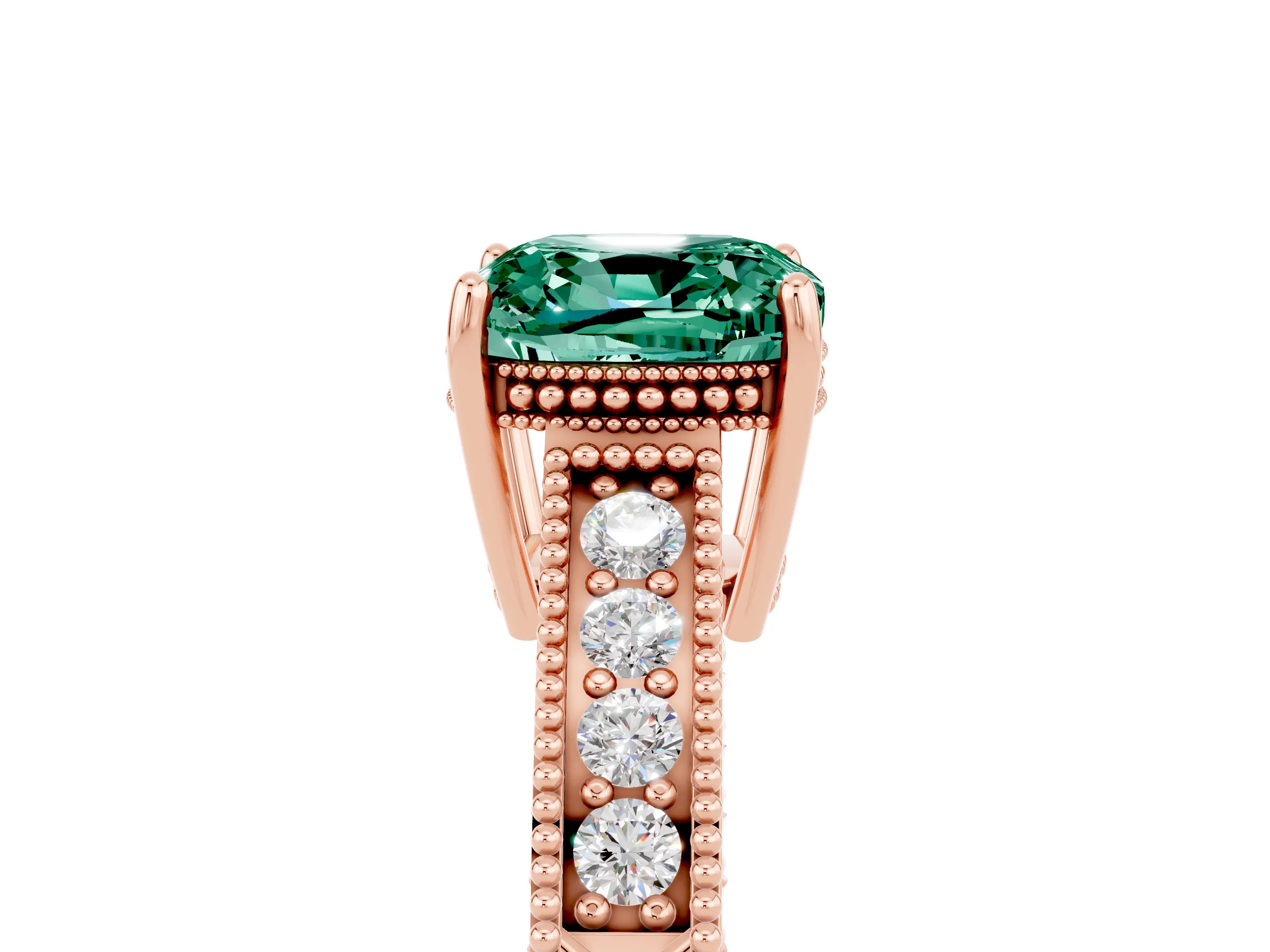 Rose gold Cushion Cut Green Sapphire Ring with Milgrain Pavé Band and Four-Prong Setting_17