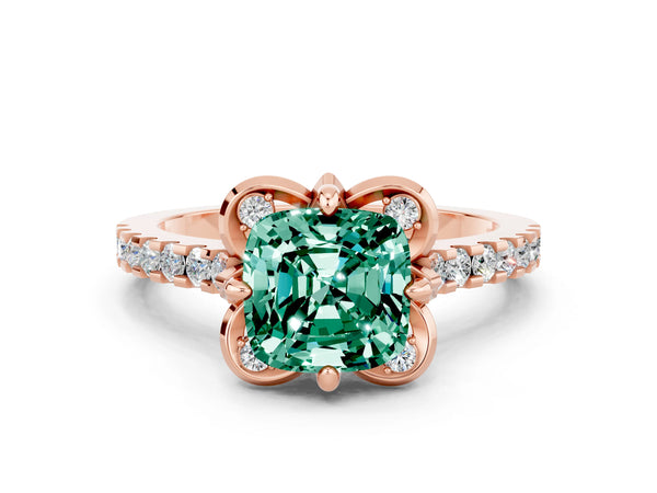 Rose gold Cushion Cut Green Sapphire Ring with Pavé Band and Floral Prong Setting
