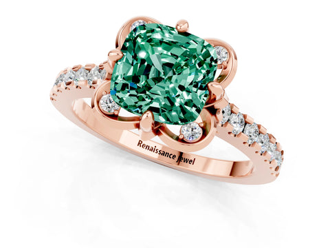 Rose gold Cushion Cut Green Sapphire Ring with Pavé Band and Floral Prong Setting_1